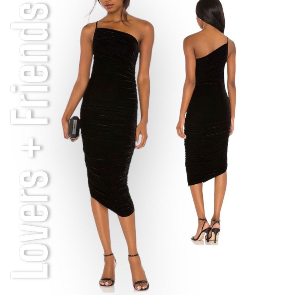 Lovers + Friends Milwood Asymmetrical Black Velvet Midi Dress, Women’s Small